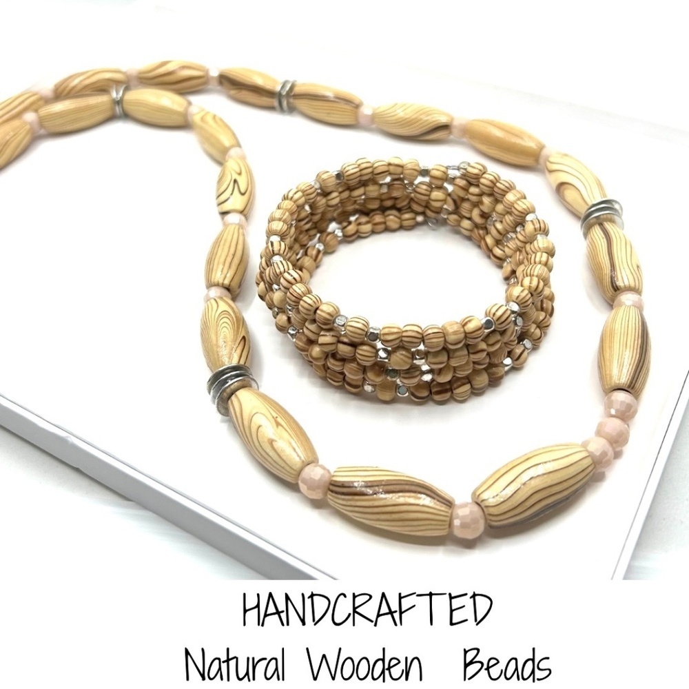 🎁 Handcrafted Wooden Beads Necklace and Coil Bracelet Set NWT